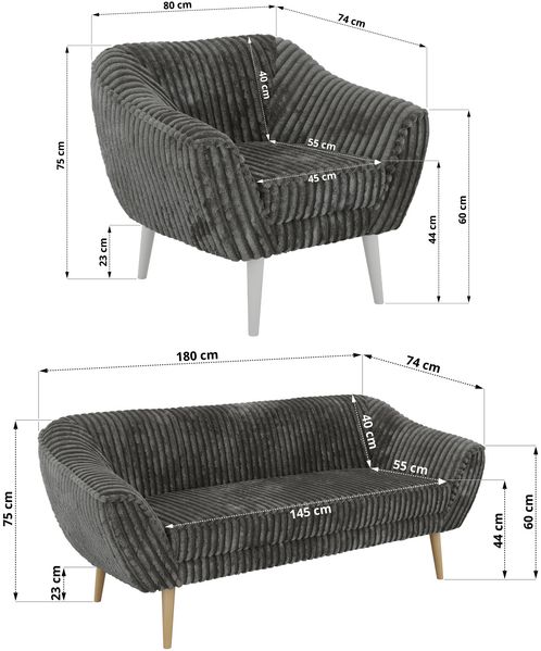 Wohnzimmerset PIRS 1-1-3, Skandinavisches 3-Sitzer Sofa mit Sesseln, Sofa mit Wellenfederung, weiße Füße, Skandinavisches Möbelset - Grau Cord Bild 5