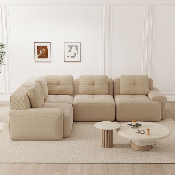 Ecksofa Beige aus Cordstoff, modular, ohne Aufbau, mit breiten Armlehnen und rutschfestem Stand,69 x 382 x 104 cm