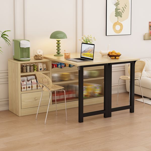 Ausziehbarer Klappbarer Esstisch mit Bartheke,Multifunktionaler Raumteiler,Sideboard und Ausstellungstisch,Schwarz mit Regenbogen-Glas