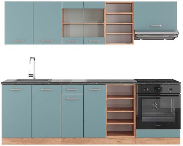 Küchenzeile R-Line Blau-Grau/Goldkraft Eiche 240 cm , AP Anthrazit Vicco