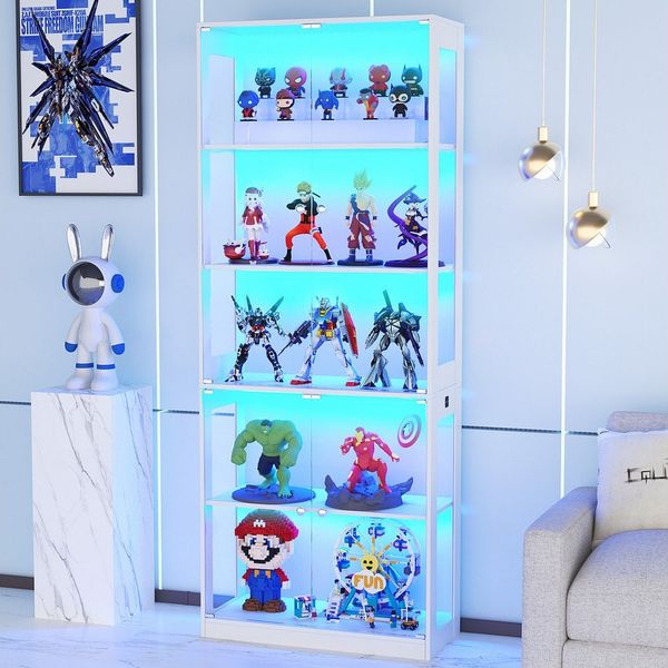 VOWNER Glasvitrine mit 3-Farben-LED - Bewegungssensor (1-St) 5 übereinanderliegende Regale, 80x204x35 cm