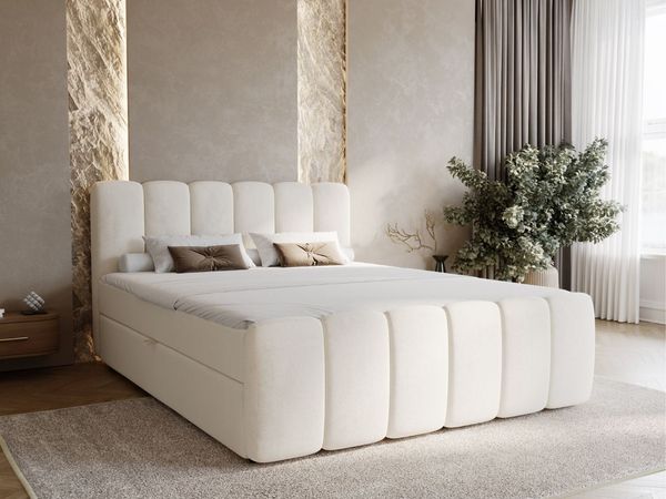 GRAINGOLD Cloud Boxspringbett 200x200, Bett mit Bettkasten, Velour-Stoff, mit Kopfteil, Beige