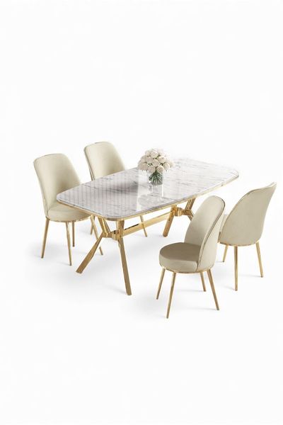 Elegantes 5-teiliges Esszimmer-Set mit Tisch und Stühlen, weißer Marmor und Gold, Metallbeine, modernes Design | 100% lackierte Oberfläche