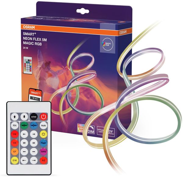 Osram SMART WIFI NEON FLEX flexibler LED-Streifen, 5M, über WLAN steuerbar, mit Magic RGB und Lichteffekte, mit Fernbedienung, 24W, IP44, LED nicht austauschbar, dimmbar
