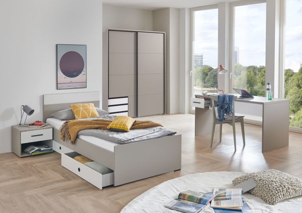 Jugendzimmer Bahamas Grau- Weiß mit Schwebetürenschrank und verschiedenen Bettvarianten und Zusammenstellungen wählbar - 7 teilig , Kleiderschrank + Passepartout + Jugendbett + 2 Bettschubkästen + Nachttisch + Schreibtisch