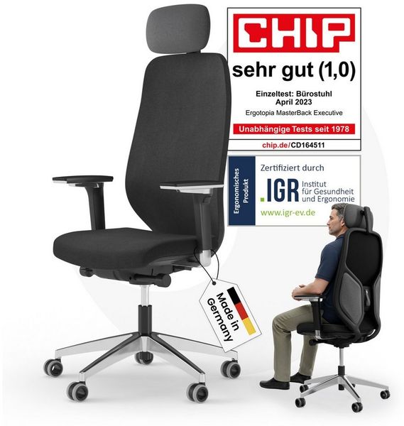 Ergotopia MasterBack Executive I Ergonomischer Bürostuhl I Inkl. Synchronmechanik I Verstellbarere Kopfstütze & 5fach-verstellbare Armlehnen I Schwarz