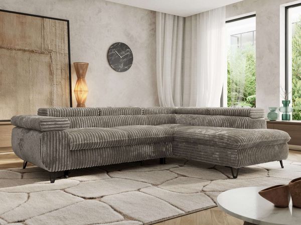 MKS Möbel 'Pablo L-Form' Ecksofa mit Schlaffunktion, verstellbare Kopfstützen, Grau, Cordstoff, Visco Topper, Rechts