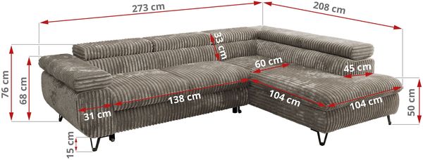 MKS Möbel 'Pablo L-Form' Ecksofa mit Schlaffunktion, verstellbare Kopfstützen, Grau, Cordstoff, Visco Topper, Rechts Bild 6