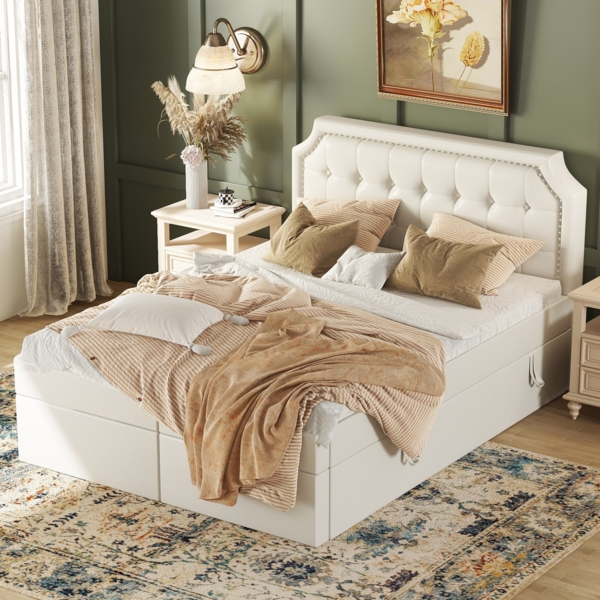 Merax Polsterbett mit Lattenrost aus Metallrahmen, Großer Stauraum, Beidseitig zu öffnen, Weiß, 140x200 cm