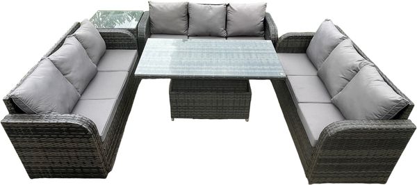 Fimous Patio Garten Dining Set Rattan Möbel Lounge Sofa Höhenverstellbarer steigender Hubtisch mit Beistelltisch Dunkelgrau gemischt