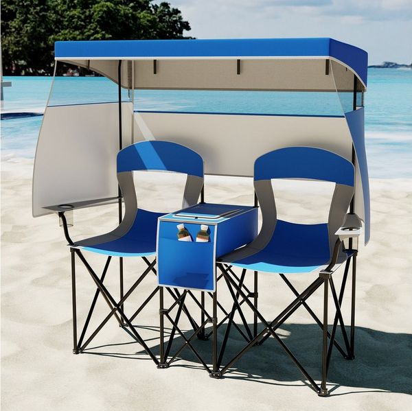 COSTWAY Campingstuhl, 2er Klappstuhl bis 150kg Angelstuhl mit Sonnenschutz