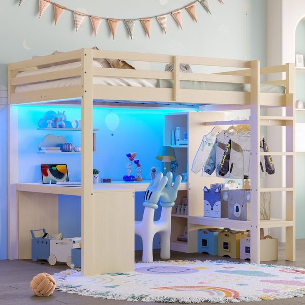 Hochbett mit Eckschreibtisch, RGB LED-Streifen, Lattenrost, Leiter, Bücherregal, Kleiderstange, USB und Type-C, 140x200 cm, Kinderbett mit Rausfallschutz, Kiefer