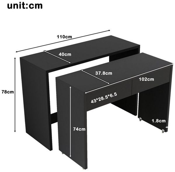 Merax Schreibtisch 2-in-1 ausziehbarer Kompaktschreibtisch (110×40×78 cm, 1-St, platzsparend & multifunktional, für kleine Wohnungen & Homeoffice), Faltbarer Regalschreibtisch Kommode mit Rollen, flexibel kombinierbar
