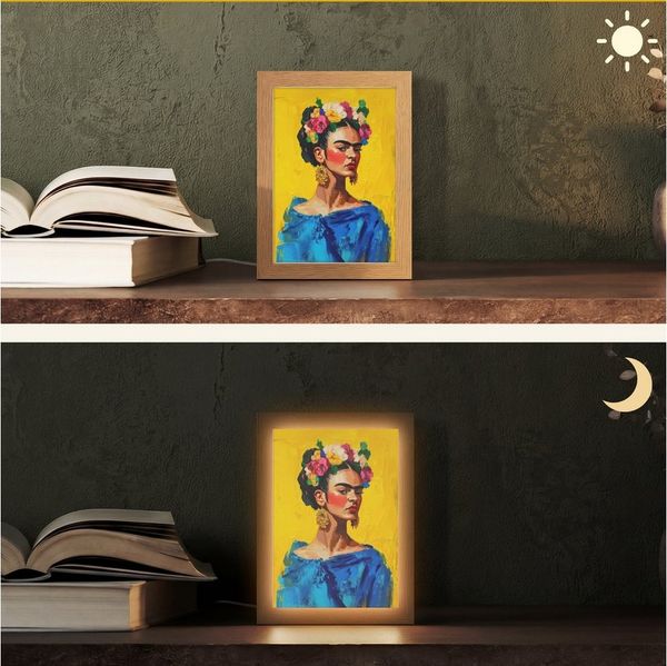 OnlyWow Tischleuchte Lightbox Frida Kahlo - Frau - Gelb - Blau - Blumen, Dimmbar, Farbwechsel, LED, Warmweiß, Kaltweiß, Neutralweiß Einstellbar, Tischlampe, Schreibtischlampe, Desk, Dimmbar, mit Kabel, LED