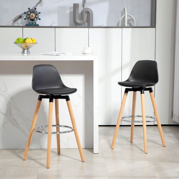 HOMCOM Barhocker 2er-Set Küchenhocker, Barstuhl mit Fußstützen (Tresenstuhl, 2 St, Küchenstuhl), für Küche, Wohnzimmer, Esszimmer, Kunstleder, Schwarz