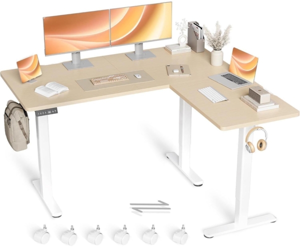 Claiks Eckschreibtisch Höhenverstellbar 160x140cm Dual-Motor L-Form Beige