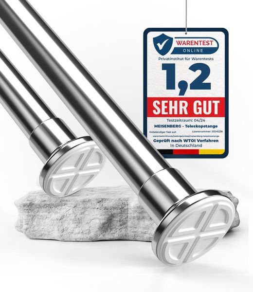 MEISENBERG Duschvorhangstange ohne Bohren 160-210cm, Silber, Ø 32 mm, Teleskop Gardinenstange Klemmen - Vorhangstange für Dusche, Türöffnungen und Kleiderschrank