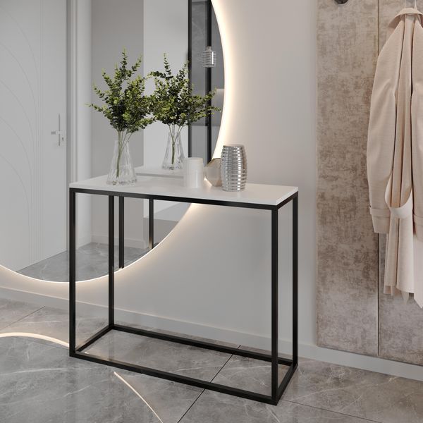 AX LIVING Flur Konsolentisch Lortie 80cm weiß schwarzes Metallgestell