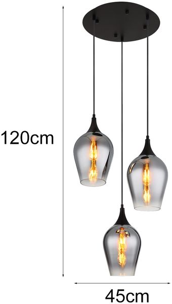 Pendelleuchte, Metall, Glas Rauchfarbe, 3-Flammig Bild 4