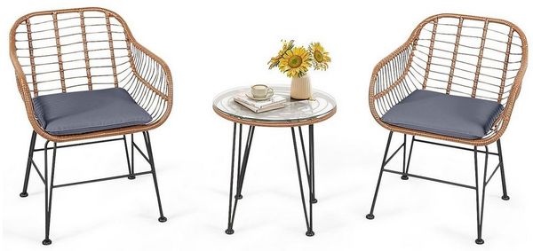 COSTWAY Balkonset, 3-tlg, Rattan, 2 personen, mit Sitzkissen, 180kg