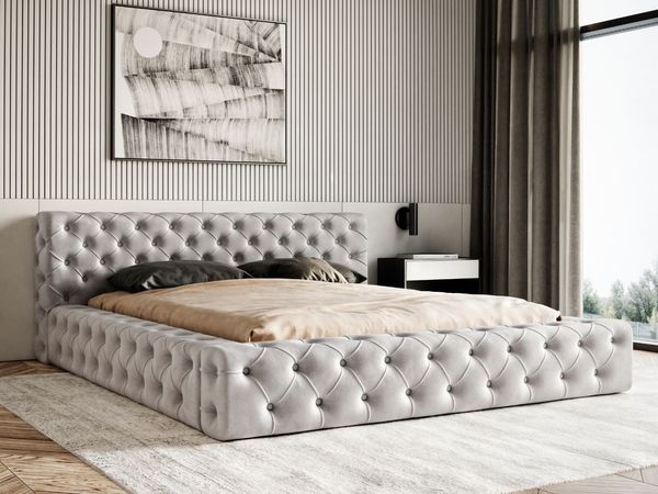 GRAINGOLD Palini Polsterbett 180x200, mit gepolstertes Kopfteil, gestepptes Bett, Bettkasten, Velour-Stoff, Hellgrau