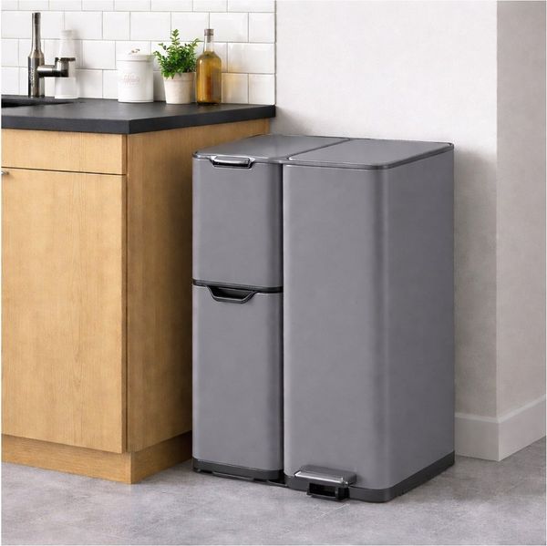 HTI-Living Mülleimer Edelstahl mit 3 Behältern Grau, 3 in 1