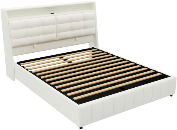 Merax Doppelbett Polsterbett 160 x 200cm gepolstertes Plattformbett mit LED-Licht und USB, Stauraum darunter, verstellbaren Kopfteilkissen, weiß Bild 6