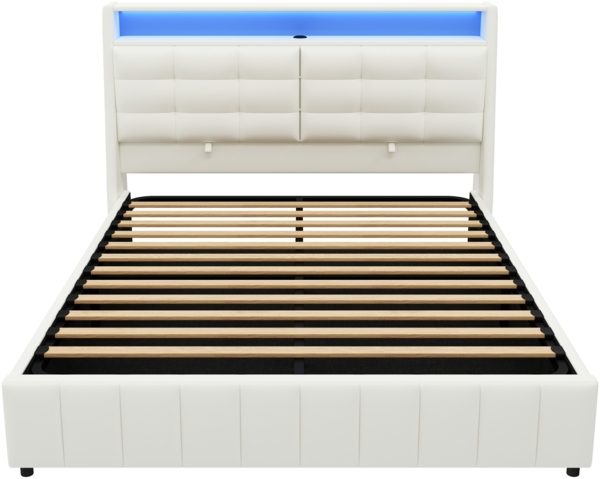 Merax Doppelbett Polsterbett 160 x 200cm gepolstertes Plattformbett mit LED-Licht und USB, Stauraum darunter, verstellbaren Kopfteilkissen, weiß Bild 9