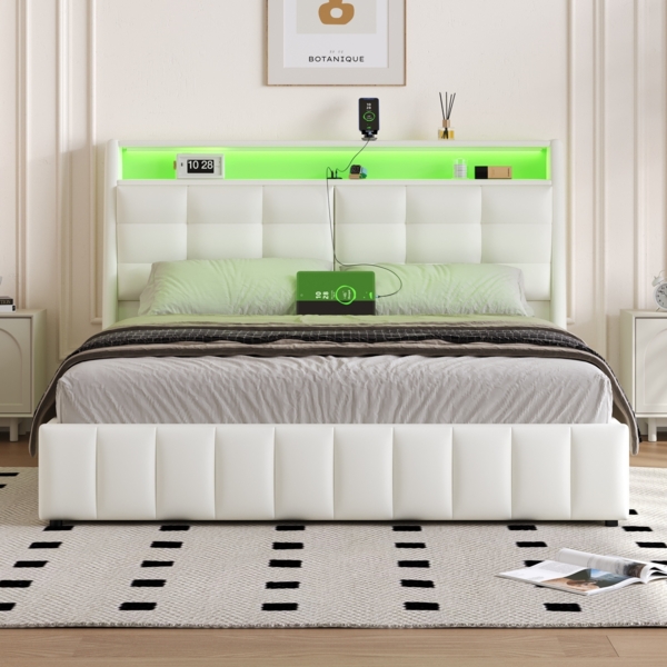 Merax Doppelbett Polsterbett 160 x 200cm gepolstertes Plattformbett mit LED-Licht und USB, Stauraum darunter, verstellbaren Kopfteilkissen, weiß Bild 5