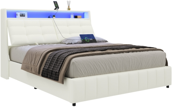 Merax Doppelbett Polsterbett 160 x 200cm gepolstertes Plattformbett mit LED-Licht und USB, Stauraum darunter, verstellbaren Kopfteilkissen, weiß Bild 10
