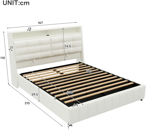 Merax Doppelbett Polsterbett 160 x 200cm gepolstertes Plattformbett mit LED-Licht und USB, Stauraum darunter, verstellbaren Kopfteilkissen, weiß Bild 4