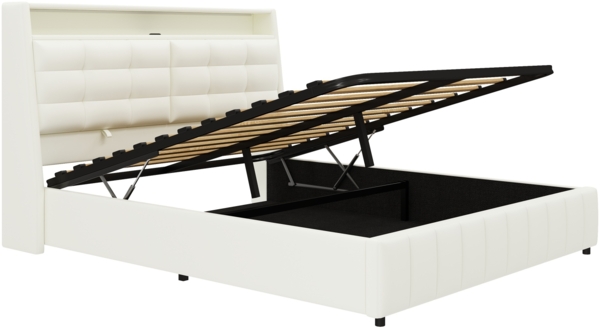 Merax Doppelbett Polsterbett 160 x 200cm gepolstertes Plattformbett mit LED-Licht und USB, Stauraum darunter, verstellbaren Kopfteilkissen, weiß Bild 8