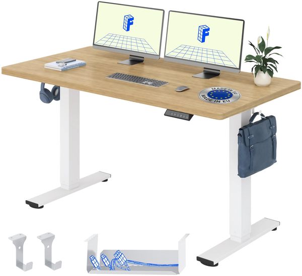 FLEXISPOT Höhenverstellbarer Schreibtisch elektrisch 160×80cm– Schreibtisch in Heller Eichenoptik, 25 mm Tischplatte, leiser Motor für Homeoffice & Wohnräume (Natur-Eiche Optik, Weiß Gestell)