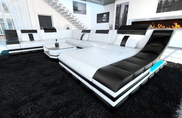 Sofa Dreams Wohnlandschaft Ledercouch Sofa Leder Turino XXL U Form Ledersofa, Couch, mit LED, wahlweise mit Bettfunktion als Schlafsofa, Designersofa