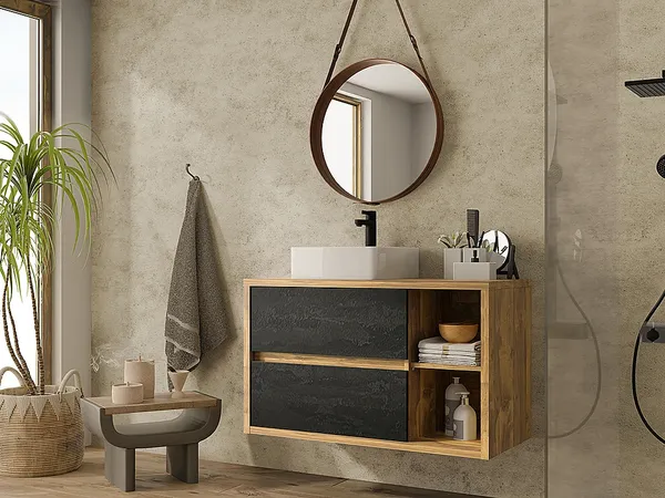 Vente-unique - TIKITIKI Waschbeckenmöbel Holz, Platte Beige - B 45,5 cm x H 60 cm x L 100 cm