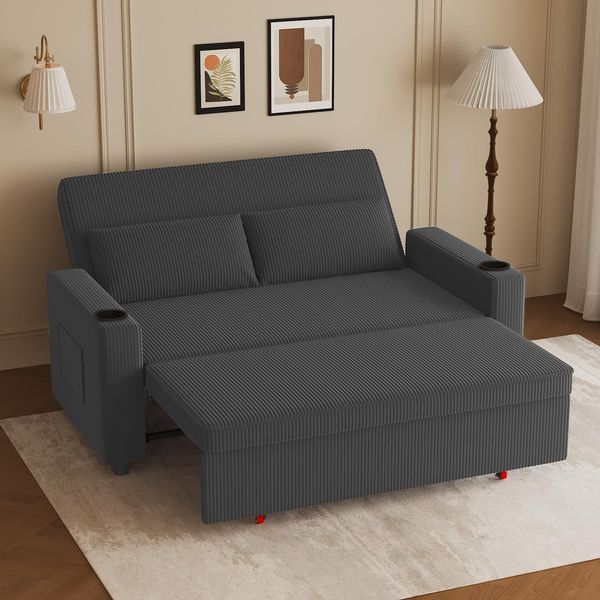 JUMMICO Schlafsofa 2 Sitzer mit Schlaffunktion, Kissen und Getränkehalter, Cord-Bezug, Grau, 75 x 160 x 93 cm