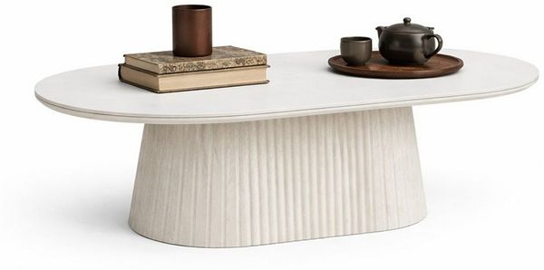 HOOZ Wohnzimmertisch Couchtisch oval modern, Säulenfuß inkl. Keramikplatte 130x70 cm Kalk (Einzelprodukt, 1× Couchtisch), Keramik-Tischplatte, verschiedene Varianten, pflegeleicht & stabil