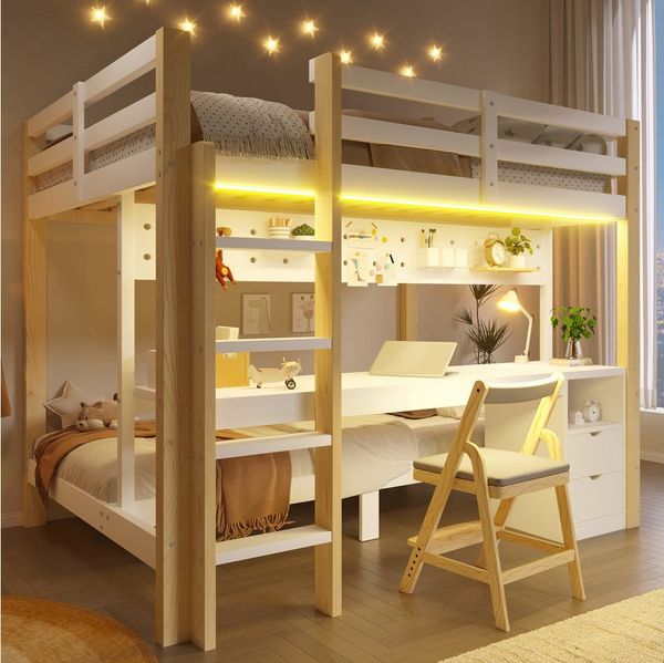 Flieks Etagenbett, Kinderbett 90+140x200 cm mit Lichtleiste, Schreibtisch und 2 Schubladen
