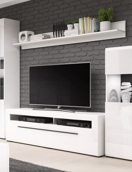 TV Lowboard weiß Hochglanz TURDA-83 modern mit Absetzungen in schwarz und Schubkasten, B/H/T: ca. 140/52/50 cm