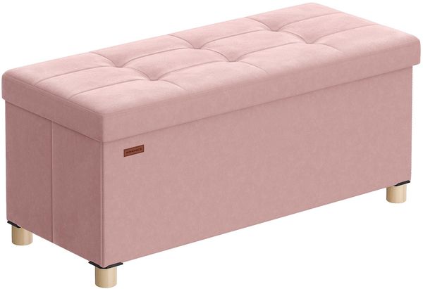 SONGMICS Sitzbank mit Stauraum, Hocker faltbar, 38 x 76 x 38,5 cm, Aufbewahrungsbox mit Deckel, Fußhocker 77 L, Samt, bis 300 kg belastbar, Flur Wohnzimmer Schlafzimmer, pastellrosa LSF0517R01