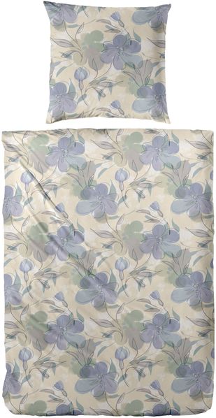 Primera Feinbiber Bettwäsche 155x220 Blumen Aquarell blau sand taupe 173098-73