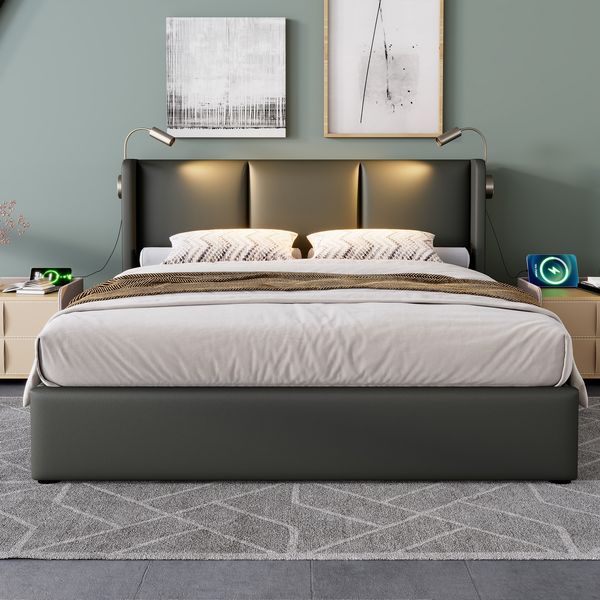 Polsterbett 160×200 cm aus Kunstleder mit LED-Leselicht und USB-Anschluss, grau