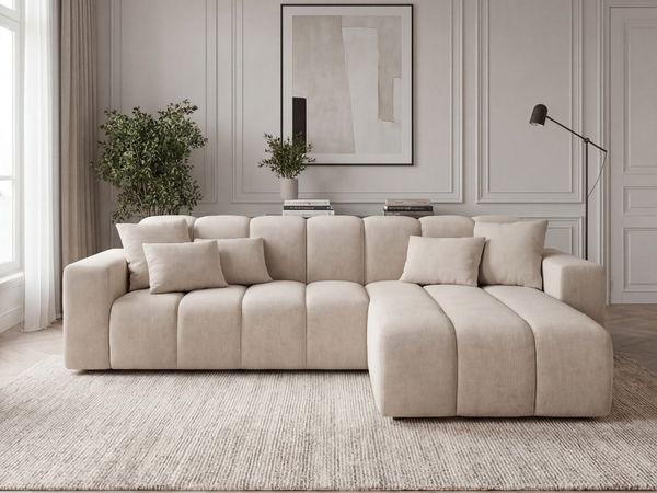 GRAINGOLD Ecksofa L-Form Nork, Wohnzimmer Ecksofa, Couch L-Form, Velour-Stoff, Beige, Rechts