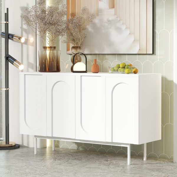 Sideboard Weiß mit gewölbten Türen, Stauraum & verstellbaren Regalen, modernes Anrichte-Design für Wohnzimmer/Esszimmer/Flur