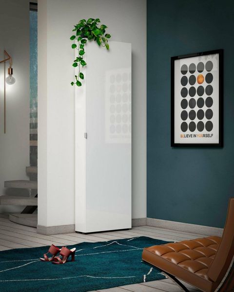 Dmora - Schuhschrank Thulamela, Schuhregal, Mehrzweck-Eingangsgarderobe, Möbel für Schuhe, Made in Italy, 60x19h200 cm, Glänzendes Weiß