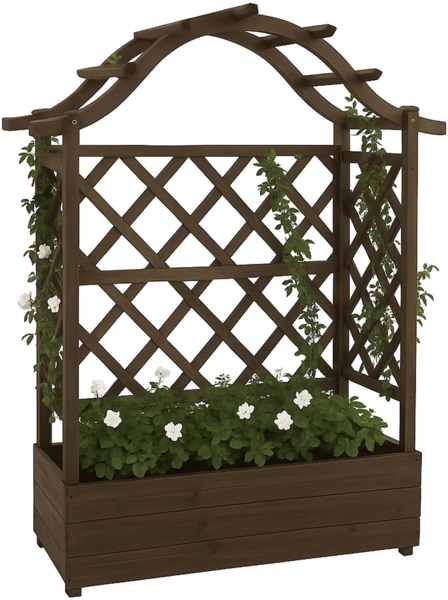 Hochbeet HWC-P66, Pflanz-/Blumenkasten Pflanzkübel Rankgitter Rankhilfe Spalier Holz FSC® 138x110x44cm ~ braun