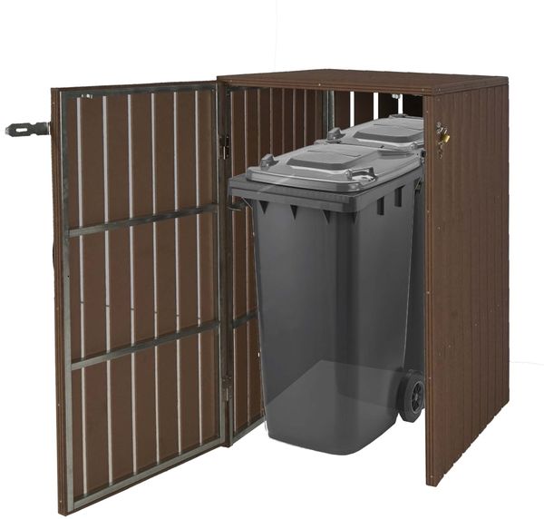XL 1er-/2er-WPC-Mülltonnenverkleidung HWC-J28, Mülltonnenbox, Metall Holzoptik, erweiterbar ~ braun