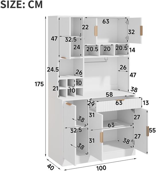 Merax 175cm Buffetschränke, Esszimmer-Hochschrank, mehrstufigem Stauraum, integrierter Steckdose sowie USB-C- und USB-A-Anschlüssen, Inklusive Weinglasablage und Flaschenaufbewahrung, Weiß Bild 4