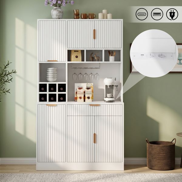Merax 175cm Buffetschränke, Esszimmer-Hochschrank, mehrstufigem Stauraum, integrierter Steckdose sowie USB-C- und USB-A-Anschlüssen, Inklusive Weinglasablage und Flaschenaufbewahrung, Weiß