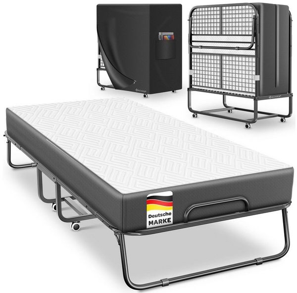KESSER® Klappbett 200x90cm Gästebett inkl. Matratze aus Memory-Schaum & Rollen | faltbares Reisebett mit Metallrahmen für Erwachsene belastbar bis 250kg | Metallbett mit Schaumstoffmatratze & Cover Anthrazit / Weiß, Deluxe Plus